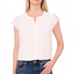 NWT CeCe White Cap Sleeve Button Down Shirt with Peter Pan Collar size M